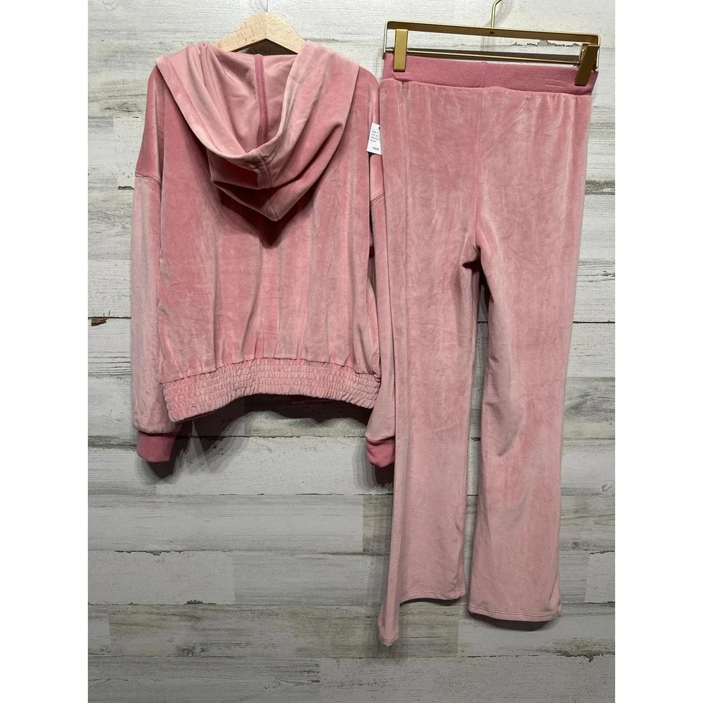 Jessica Simpson Tracksuit Set Girls 12 Blush Pink Velour Zip Hoodie Flare NWT